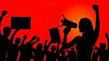 Silhouette of women protester standing leading a speech during a demonstration in the middle of a crowd of people illustration background vector