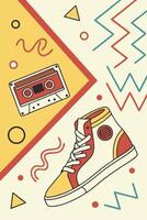 Retro vector-style background in 80s Memphis design, bold yellow, red, and cyan, abstract squiggles and fun shapes, flat pattern, playful symmetry vector