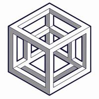 Impossible cube, isometric projection, white lines with gray shadows, optical illusion, geometric shape, white background, minimalist design, ab vector