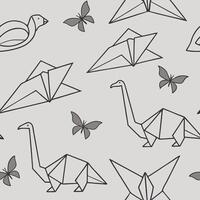 Origami animals seamless pattern, soft gray background with folded line icons vector