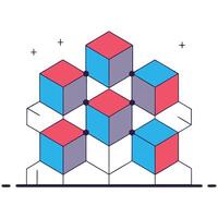 Isometric view of a pyramid made of red and blue cubes connected by black lines, white background vector