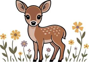 A cartoon deer standing in a field of flowers vector