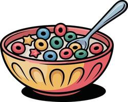 A bowl of cereal with colorful cereal and a spoon vector
