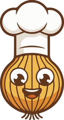A cartoon onion with a chef hat on it