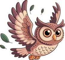 Cartoon owl flying with leaves on a white background vector