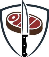 Steak and knife in a shield with a red background vector
