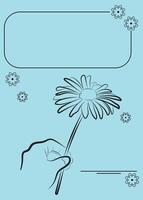 Hand Holding Flower Greeting Card Template on Light Blue Background with Decorative Floral Frame vector