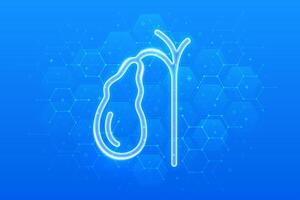 Gallbladder icon. Treatment and prevention of gallstone disease, cholecystitis, cholecystectomy, biliary dyskinesia. Molecular structure. Blue medical background with hexagons. vector