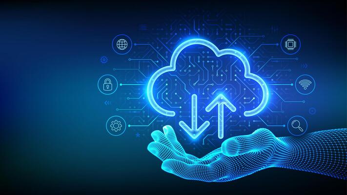 Cloud computing service. Cloud icon in wireframe hand. Secure Cloud Storage. Database storage, Data center. Upload download app.Circuit board pattern. PCB printed circuit texture