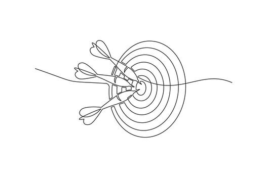 One line drawing of dart hitting target board. Minimalist continuous line art of archery or darts concept for precision and focus vector