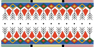 Colorful Asiri tribal border with red diamond shapes and tree branch motifs for Arabian ethnic textile design vector