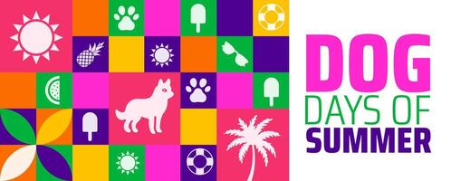 Dog Days of Summer Geometric shape pattern Colorful Background with Dog, Paw Prints, Palm Tree, and Summer Icons for Warm Weather Fun. vector