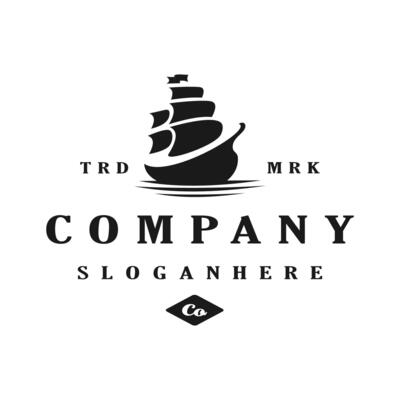 Simple Logo Sailing Ship and Sea Wave silhouette