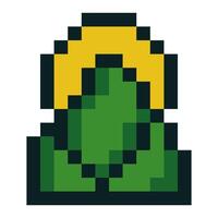 Pixel art icon of green mountains with a bright yellow sun in the background vector