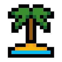 Palm tree on a small yellow island surrounded by bright blue water in pixel art style vector