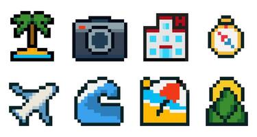 Set of 8 colorful pixel art travel icons vector