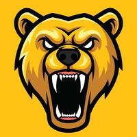 Cartoon-style bear head with a fierce expression, featuring bared sharp teeth and black outline. vector