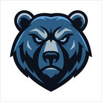Stylized illustration of a bear's head, utilizing shades of blue for a striking effect. The bear has a stern expression, with angular features highlighting its eyes, nose, and mouth. vector