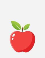 Single red apple drawn in a flat digital style, smooth and shiny look with crisp green leaves, soft shadow beneath, clean white space around, bright and minimal art perfect for fresh fruit design vector