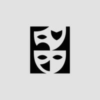 Two theatrical masks, one smiling and one sad, stacked on top of each other in a black and white minimalist design, light gray background vector