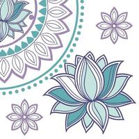 Lotus flower and mandala with teal and purple colors on a white background, floral pattern, symmetrical design, decorative elements, nature-inspired, elegant, and visually appealing vector