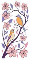 a digital illustration of two birds perched on a branch amidst a floral background vector