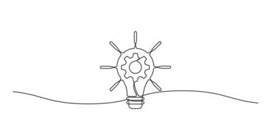One line drawing of a light bulb with a gear mechanism inside. Symbol of innovation, engineering and creative thinking vector
