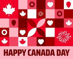 Happy Canada Day geometric shape Pattern background banner or poster design with Festive Red and White Grid with Maple Leaves, Hearts, Fireworks, and Balloons for National Celebration vector