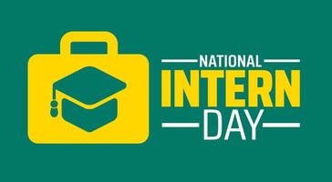National Intern Day background or banner design. Bright Yellow Briefcase with Graduation Cap Icon on Green Background for Celebrating Internships and Career Growth. vector