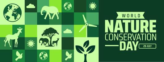 World Nature Conservation Day background or banner design with Green Geometric Mosaic with Earth, Trees, Animals, and Wind Turbine for Environmental vector