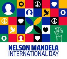 Nelson Mandela International Day Banner or background with Colorful Mosaic with Peace, Heart, and Fist Symbols for Global Justice and Equality. vector