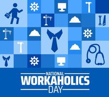 National Workaholics Day background or banner design. Blue Tiled Background with Job Icons, Briefcase, Tools, and Tie, Representing Diverse Professions. vector