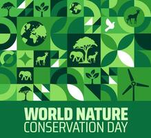 World Nature Conservation Day background or banner design with Green Geometric Mosaic with Earth, Trees, Animals, and Wind Turbine vector