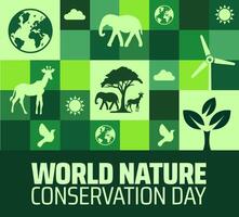 World Nature Conservation Day background or banner design with Green Geometric Mosaic with Earth, Trees, Animals, and Wind Turbine for Environmental Awareness. vector