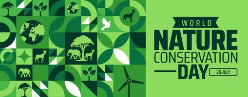 World Nature Conservation Day background or banner design with Green Geometric Mosaic with Earth, Trees, Animals, vector