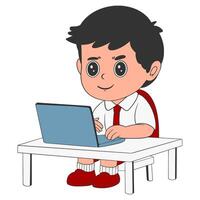 Schoolchildren are sitting at the table while playing with a laptop Cartoon Illustration vector