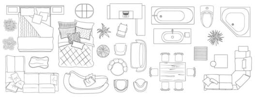 Furniture outline Top view Set line art elements vector