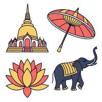 A golden temple, a red umbrella, a lotus flower and an elephant with a yellow blanket on a white background vector
