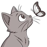 a Cat with a Butterfly on Its Nose, A gray cat with wide eyes, staring at a butterfly resting on its nose. isolated on a white backgroundround vector