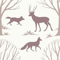 A seamless Scandinavian wallpaper pattern with minimalist fox and deer silhouettes in soft earthy neutrals, arranged in a simple repeating pattern vector