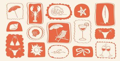 Retro set of summer icon elements with surfboards, lobsters, swimsuits, oxen, umbrellas, shells, wine glasses, cocktail glasses and sun symbols in outline frames vector