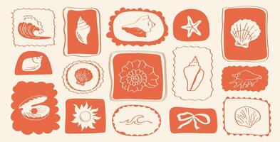 Coastal clipart set with lobster, wine, shells, flowers and waves hand-drawn summer elements in coral red frames for beach themed design projects. vector