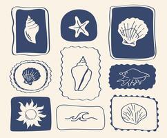 Hand drawn beach element set with shells, starfish, flower, waves and sun ocean themed illustrations in soft vintage colors for coastal design. vector