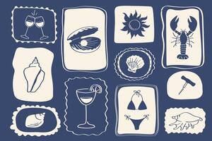 Summer cocktail and seafood set hand-drawn design elements with wine, oyster, bikini, sun and lobster in artistic frames for beach and holiday design. vector