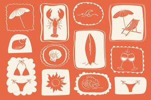 Outline summer doodle pattern with wine glasses, seashells, bikinis, sun, and beach items on beige background vector