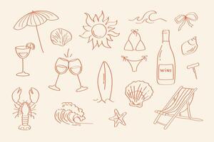 Summer art elements in doodle line style. Beach holiday outline icons bikini, lobster, wine, sun, surfboard, umbrella, waves and more. Simple line style for summer projects and travel graphics. vector
