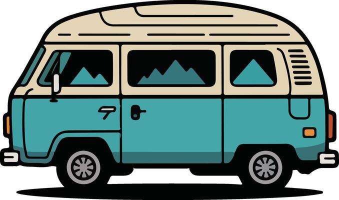 An old van with a mountain view