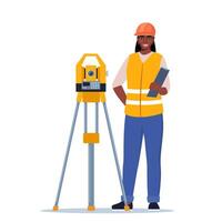 Engineer Wearing Hard Hat and Safety Vest, Work with Surveying Tripod And Theodolite Equipment. Character Surveying Land, Construction Layout And Mapping Projects. Illustration vector