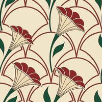 Seamless pattern with stylized flowers in red and beige, with green leaves and stems vector