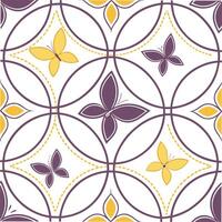 Seamless pattern with butterflies and floral elements in a geometric arrangement, circles and diamonds, purple and yellow colors on a white background vector